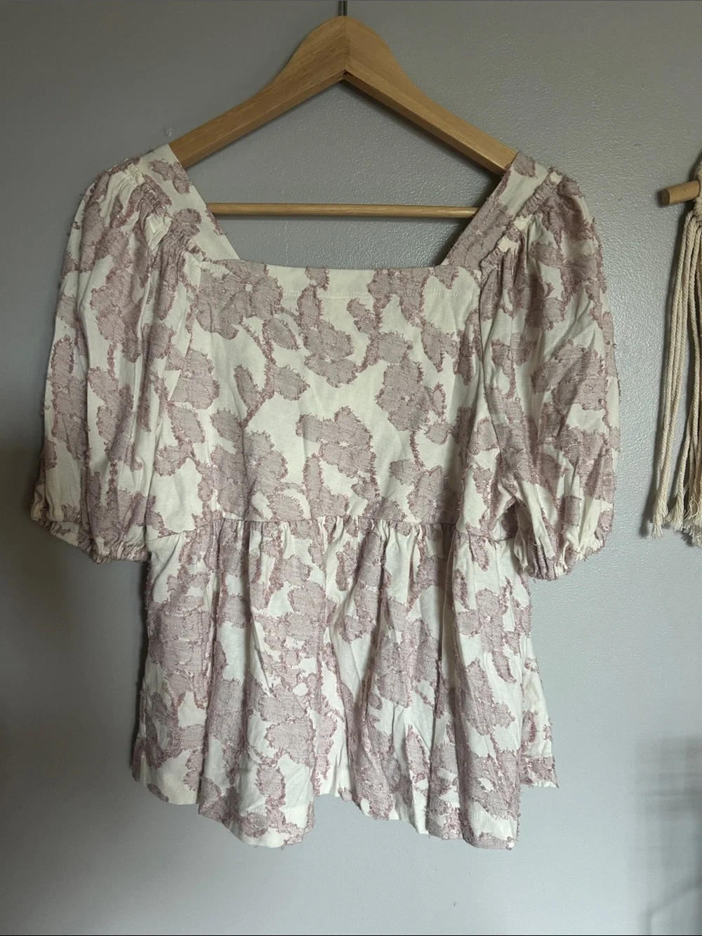 Anthropologie Cream Top with Dusty Rose Floral Jacquard